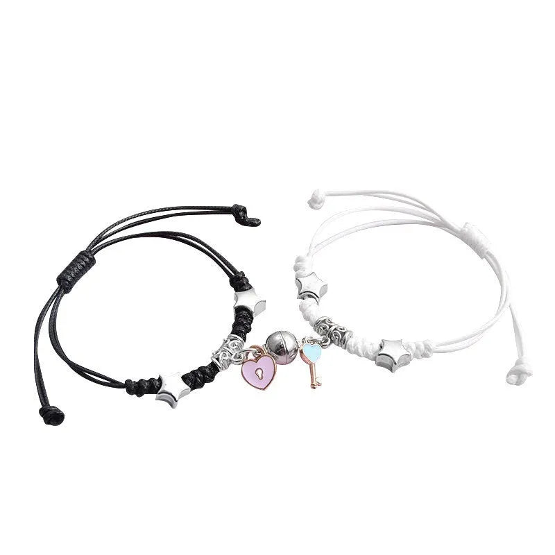 Magnet couple bracelets with electroplated finish showing magnetic clasp and symbolic design options