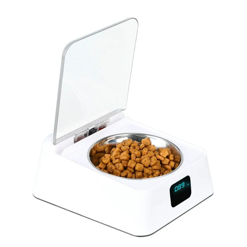 Pet 5G Bowl automatic pet feeder in white on a counter, 210x170x92mm compact size