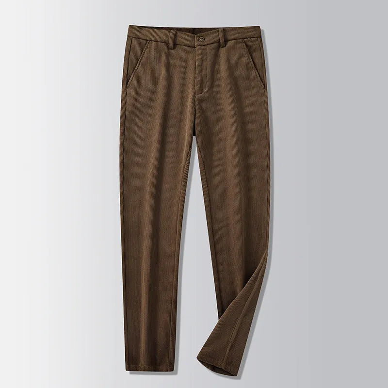 Straight-leg striped trousers in a khaki colour, showing the zip fly front and classic fit.