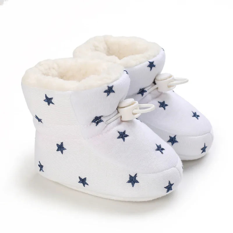 Thickened cotton baby shoes for autumn winter with non-slip sole and elastic band in black white, dark blue, gray, and pink