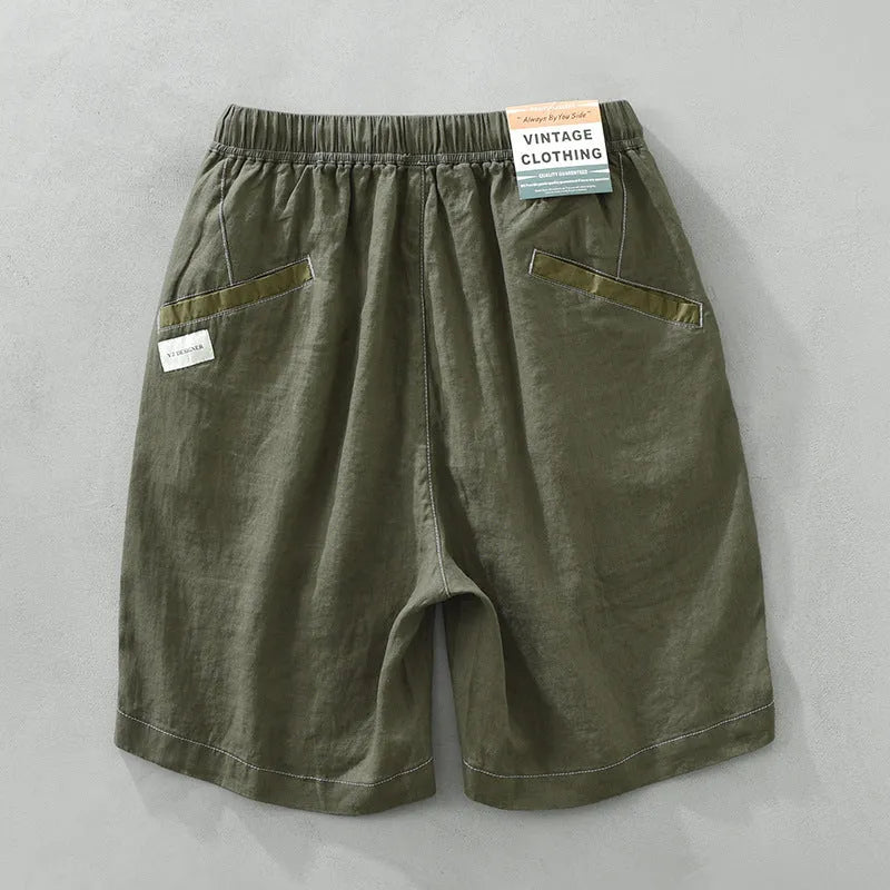 Men's linen casual shorts with loose straight-leg drooping style in black or green colours
