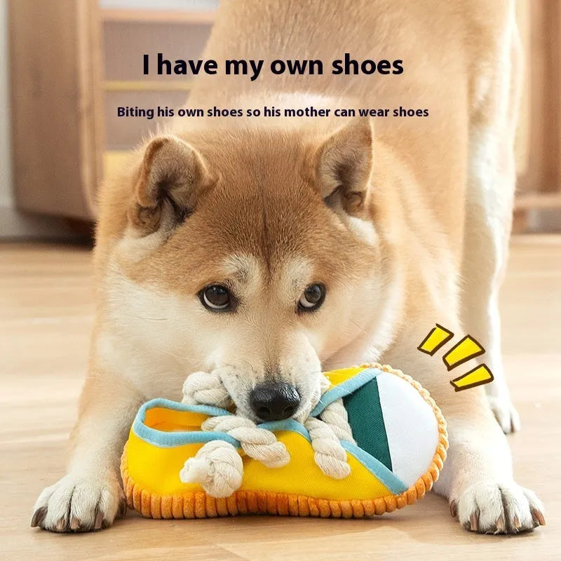Bite Shoes Sound Pet Toy in Oxford cloth, 7x8x18cm, available in Rock Yellow colour