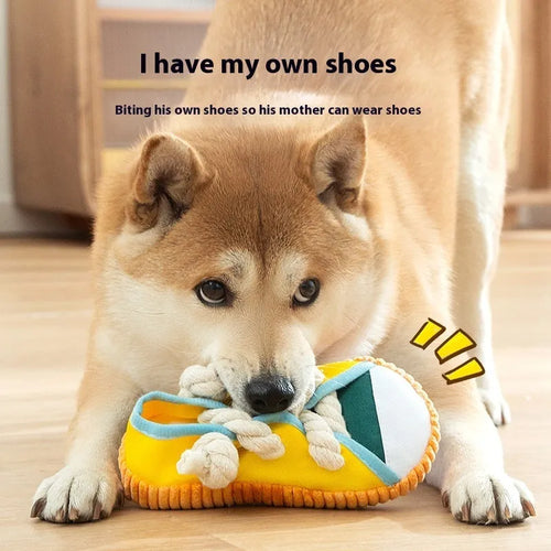 Bite Shoes Sound Pet Toy in Oxford cloth, 7x8x18cm, available in Rock Yellow colour