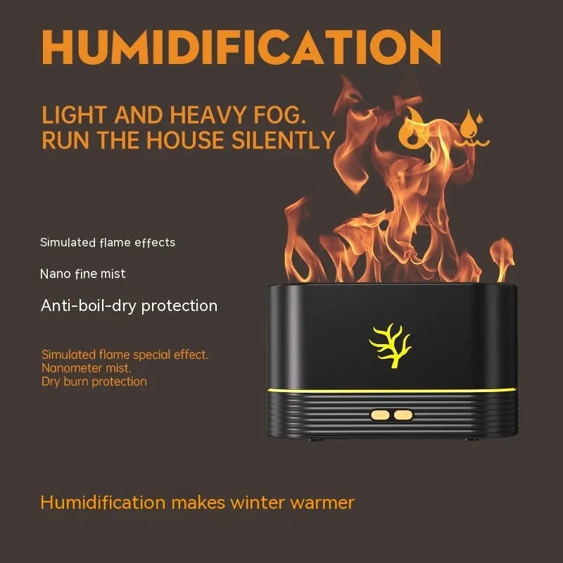 White square flame humidifier with LED fire simulation and USB power cable