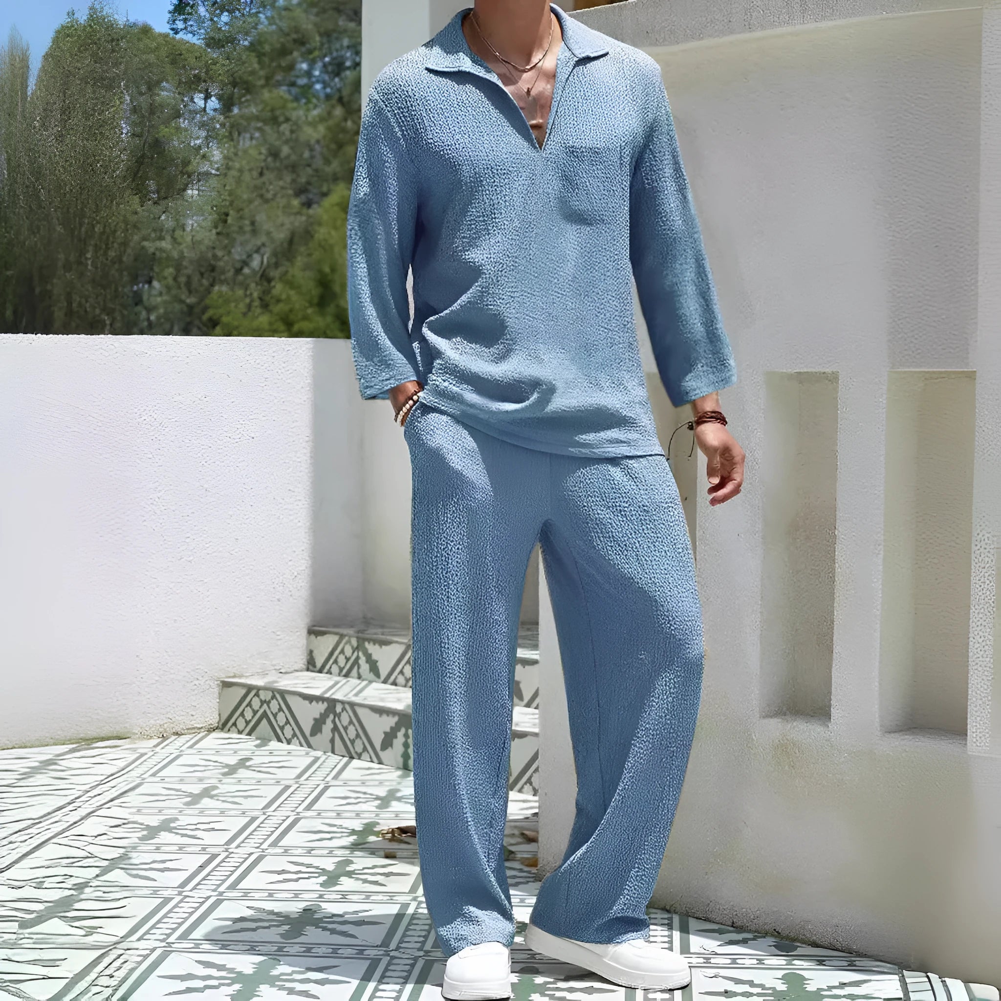 Men's casual commuter shirt trousers suit in polyester fabric available in four colours with Asian sizing