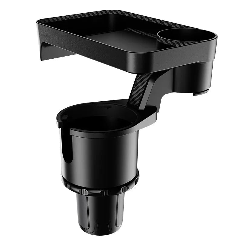 Black car cup holder with 360-degree rotating dinner tray placed in vehicle cup holder