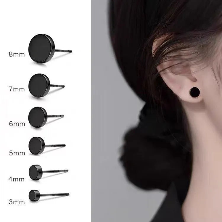 S999 sterling silver round flat ear bone studs in black and silver finishes, showing 3mm to 8mm size range