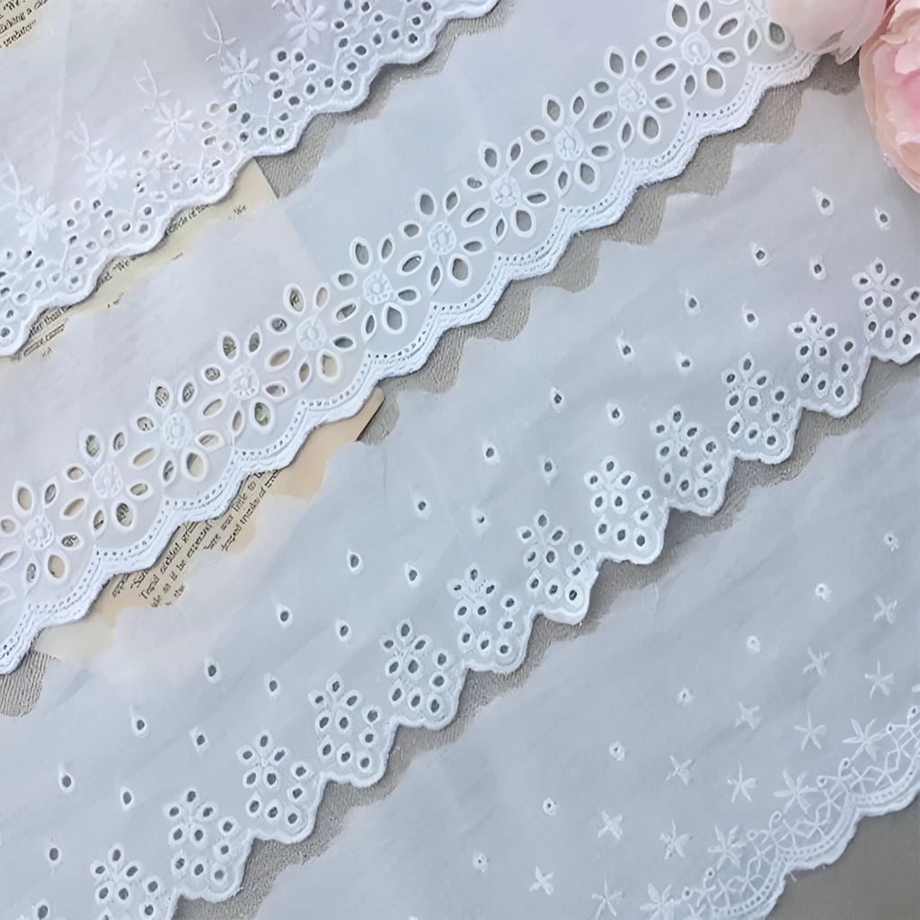 Cotton embroidered lace fabric trim with floral cutout pattern for clothing decoration