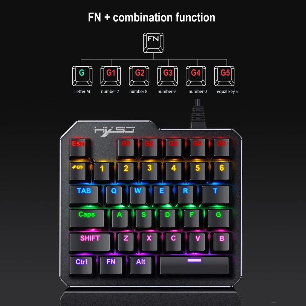 Mini one-handed mechanical gaming keyboard with 35 keys, seven-colour backlight, and wired USB connection