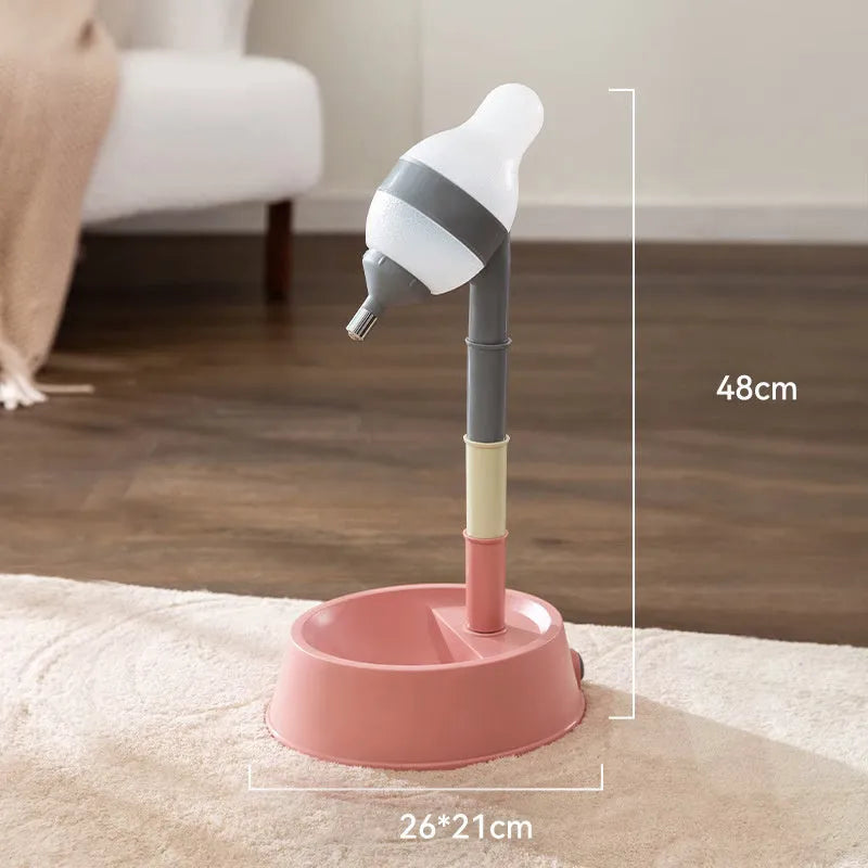 Green adjustable pet standing water dispenser with detachable pole and bowl on a grey floor.