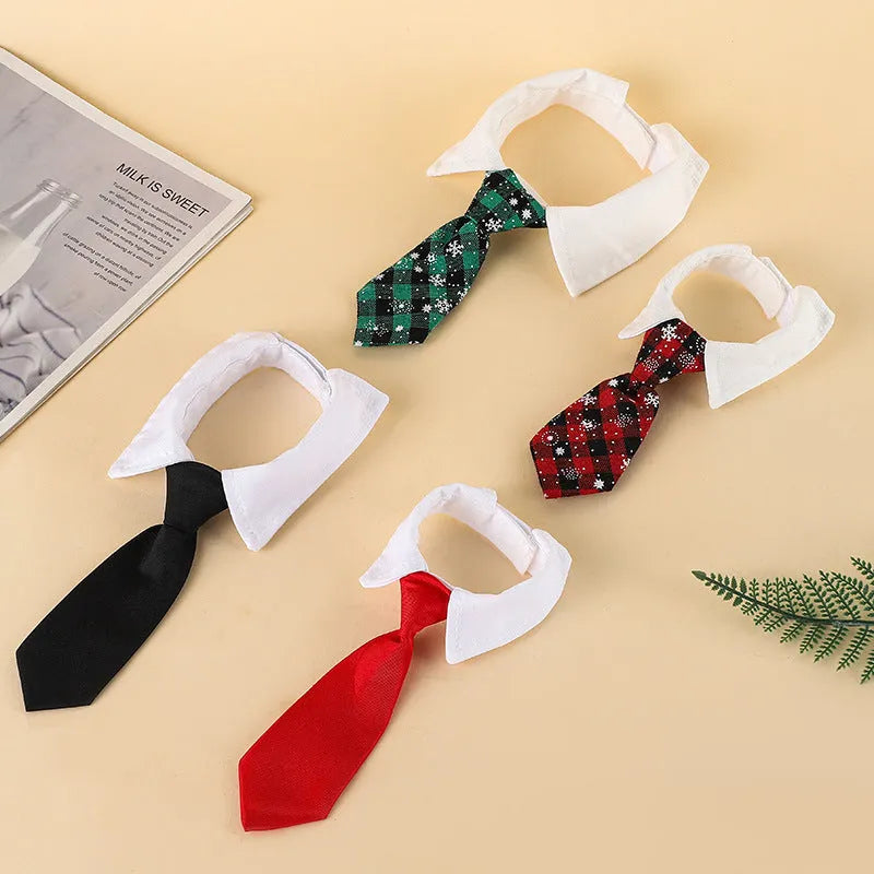 Adjustable Christmas dog necktie in red plaid with snowflake pattern, sized for small medium cats and dogs.