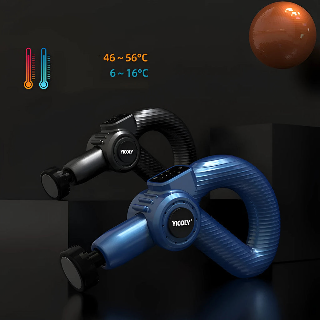 Black intelligent muscle massage gun with multiple attachment heads on a grey background