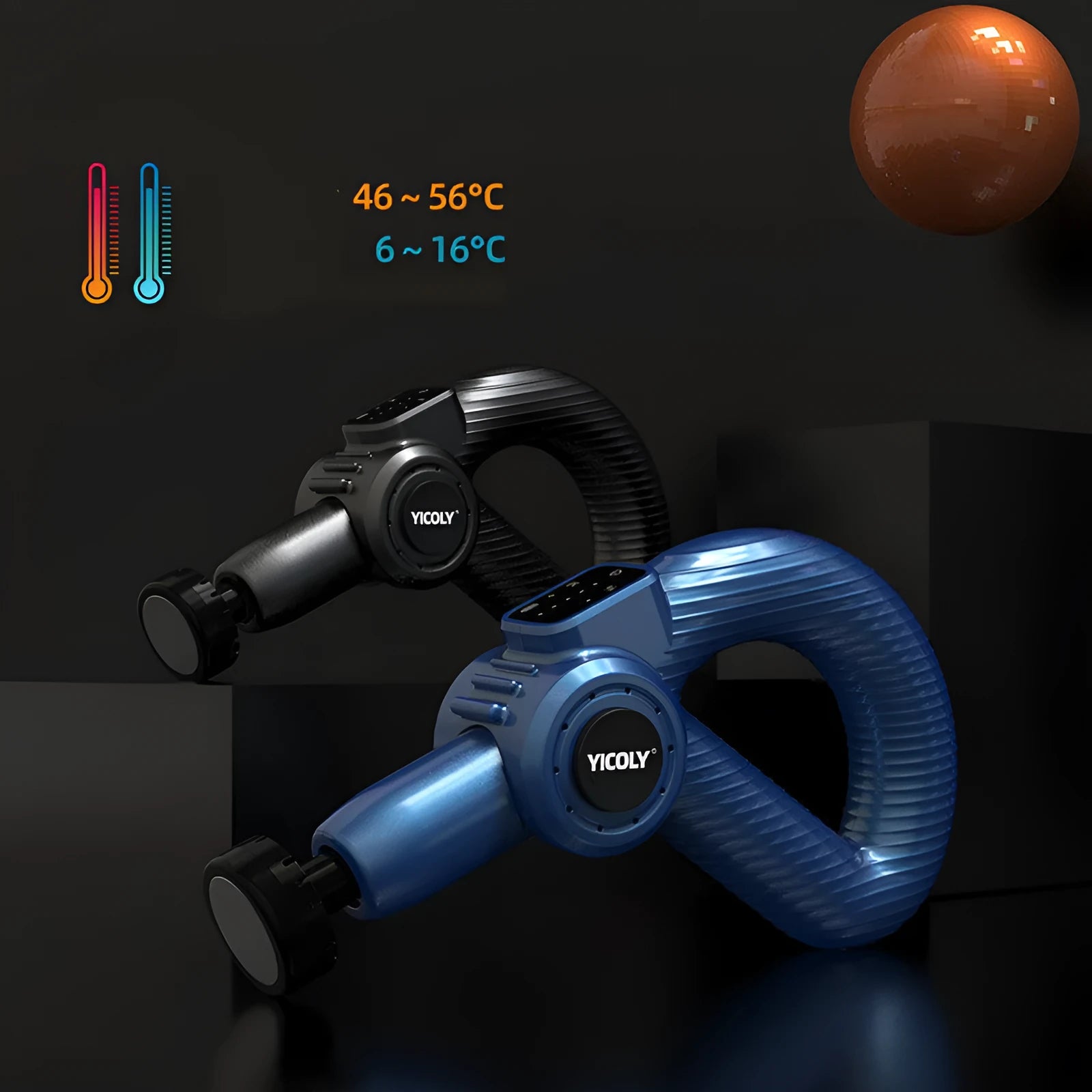 Black intelligent muscle massage gun with multiple attachment heads on a grey background