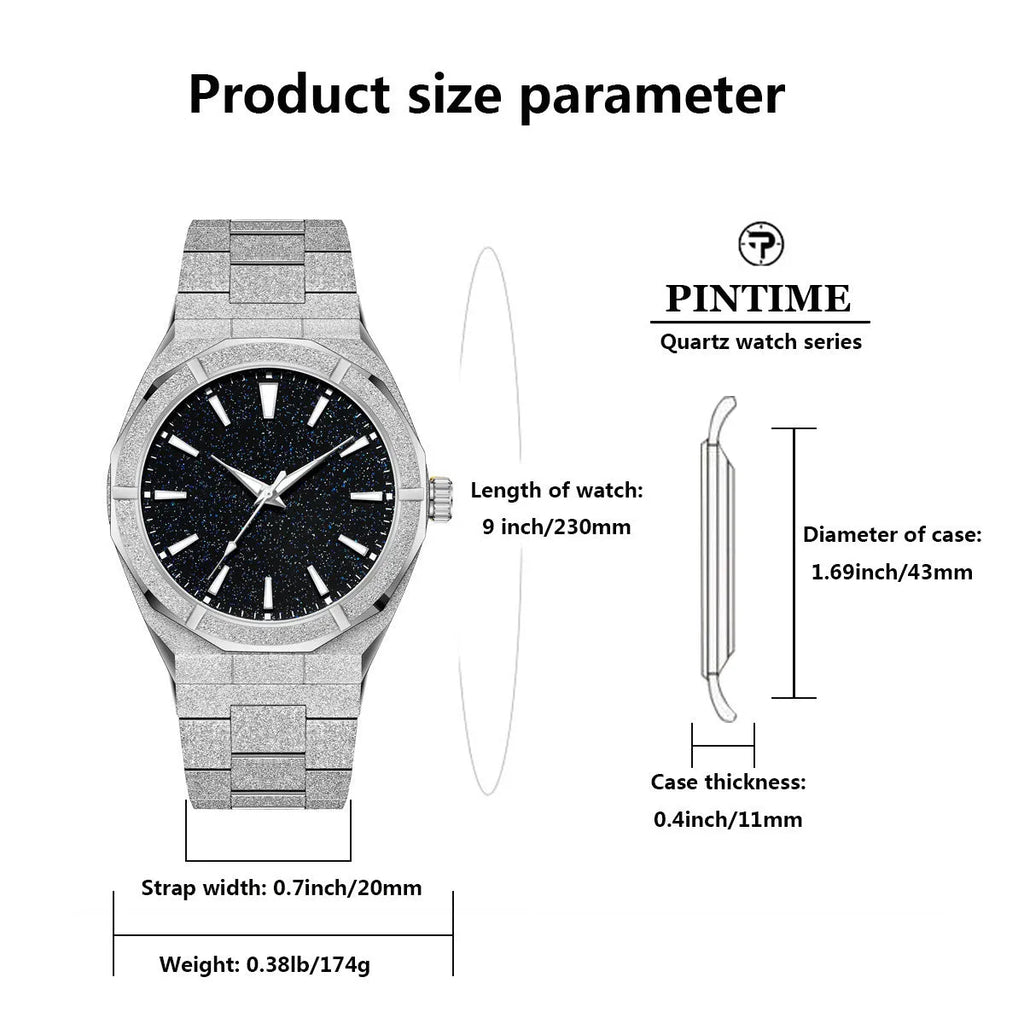 Men's business watch with frosted stainless steel case and luminous markers in silver, gold or black options