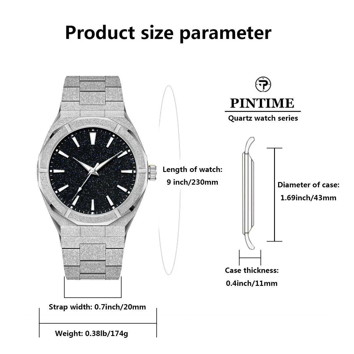 Men's business watch with frosted stainless steel case and luminous markers in silver, gold or black options