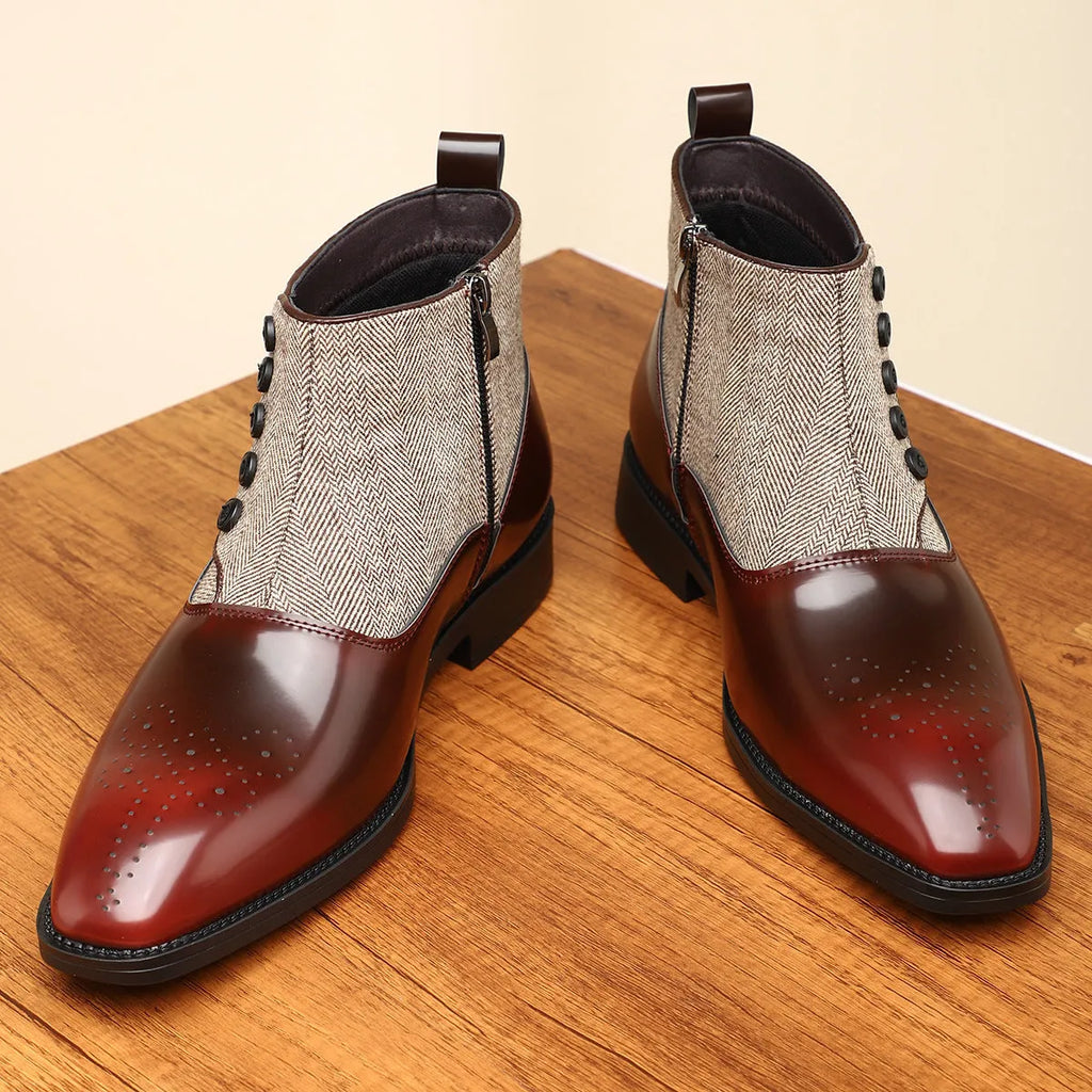 Men's brown retro formal business shoe with side zip, square toe, and low square heel on a rubber sole.