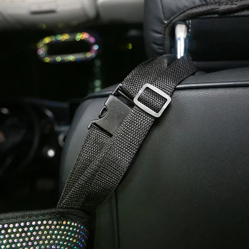 Crystal rhinestone car storage bag with multi-pockets on backseat