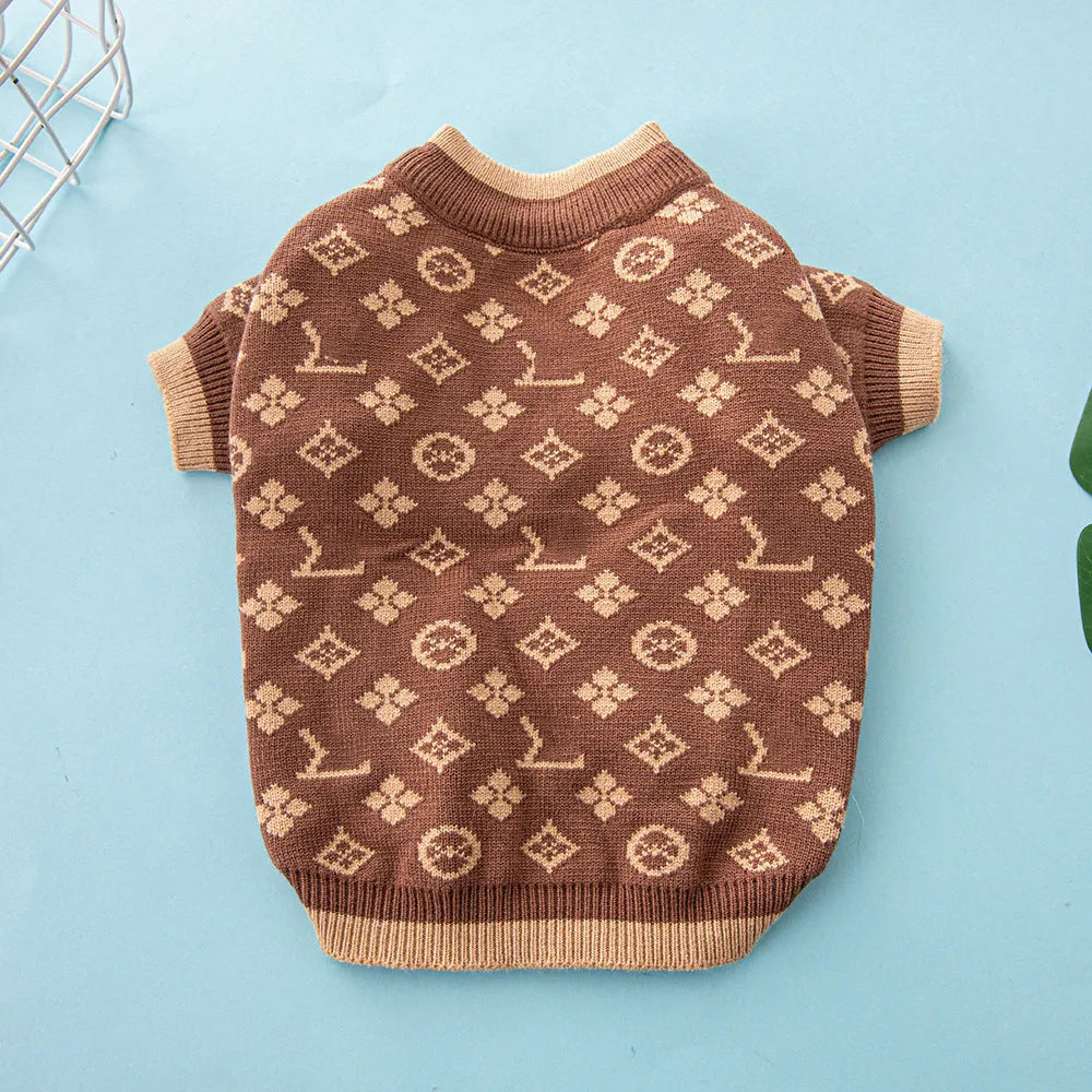 A dog wearing a thick wool knit sweater in a European style, available in sizes from XS to XXL.