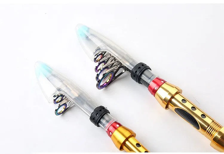 Carbon fibre telescopic spinning fishing rod with metal handle, extended, on a boat deck.