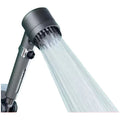 White portable massage shower head with three gear adjustment selector for spray, massage, and rain functions
