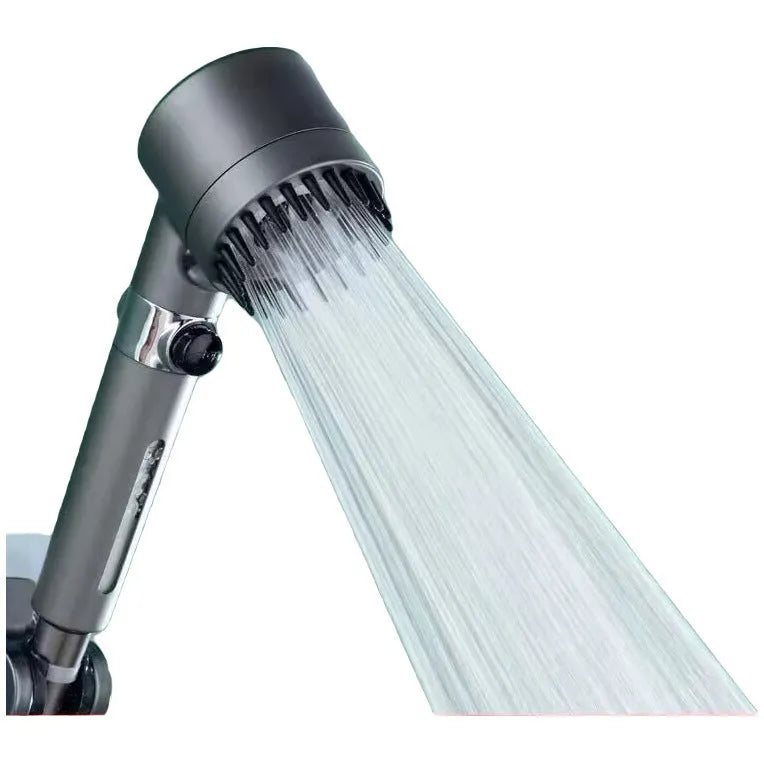 White portable massage shower head with three gear adjustment selector for spray, massage, and rain functions