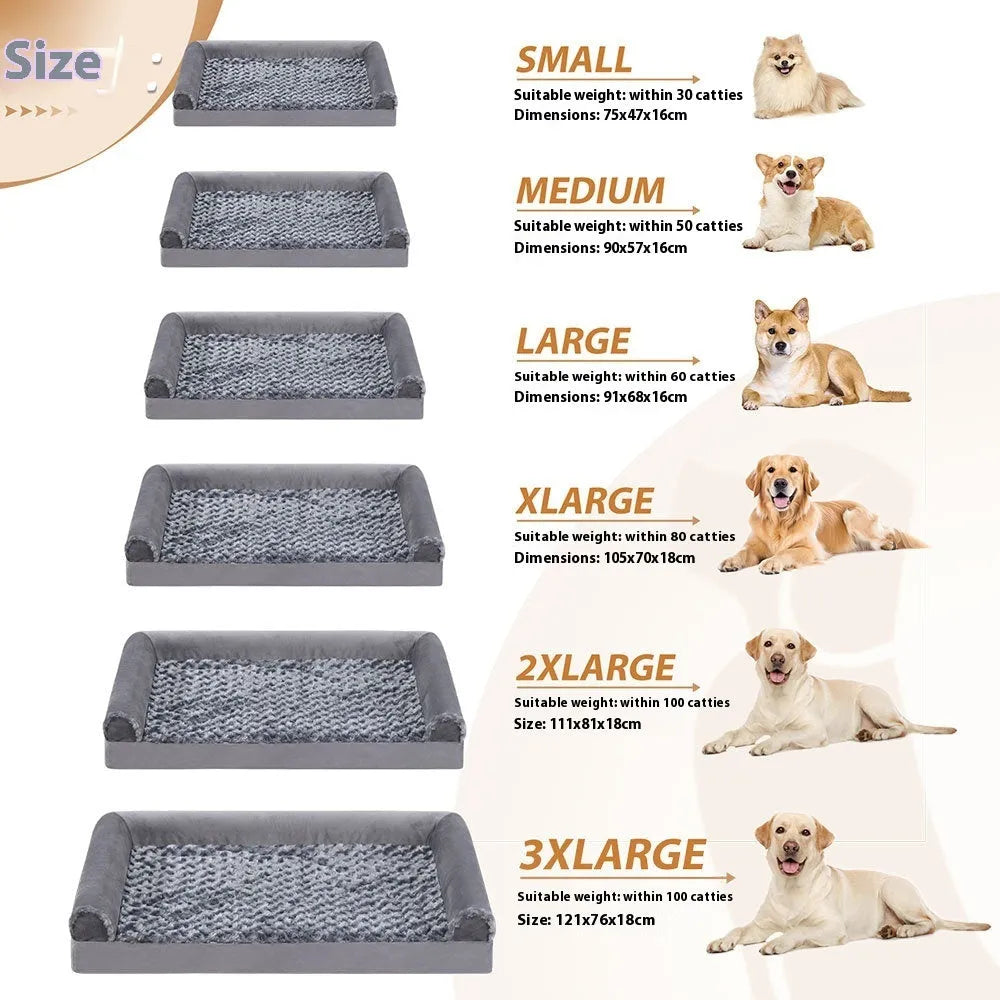 Grey U-shaped removable cover dog sofa bed with embossed velvet fabric, shown in a home setting.