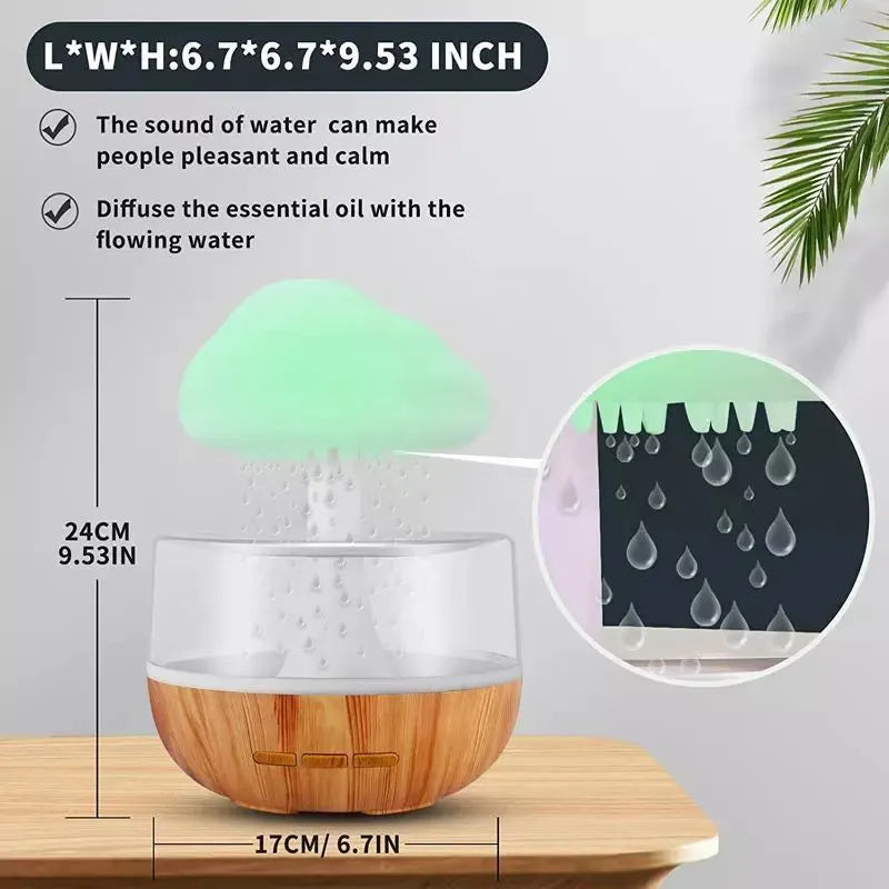 Desk humidifier with raining cloud night light effect and aromatherapy function in wood grain finish