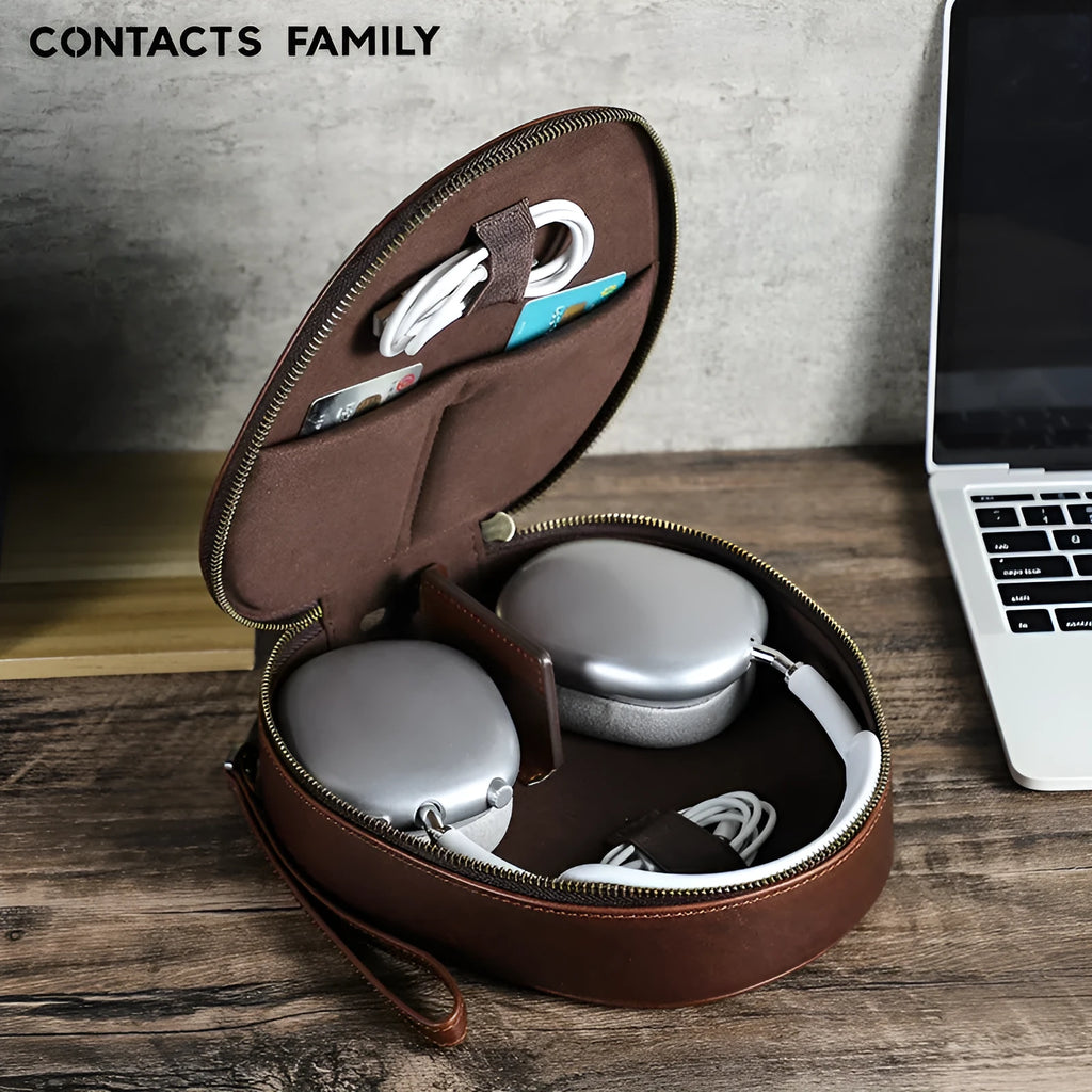 Brown genuine leather earphone bag with lanyard designed for Apple AirPods Max