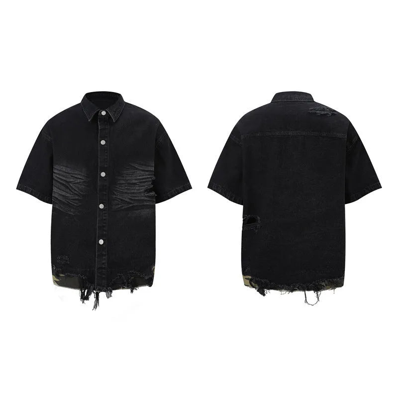 Leopard print denim matching set with short sleeve top and shorts featuring raw cut edge stitching