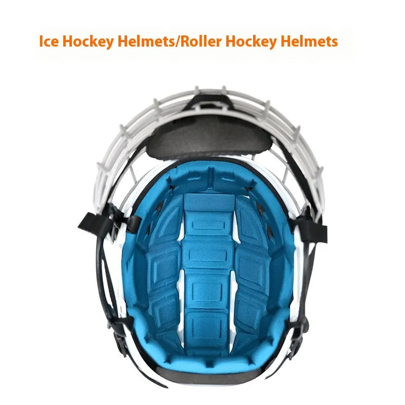 Ice hockey helmet with carbon steel face mask for head protection in S, M, L, XL sizes