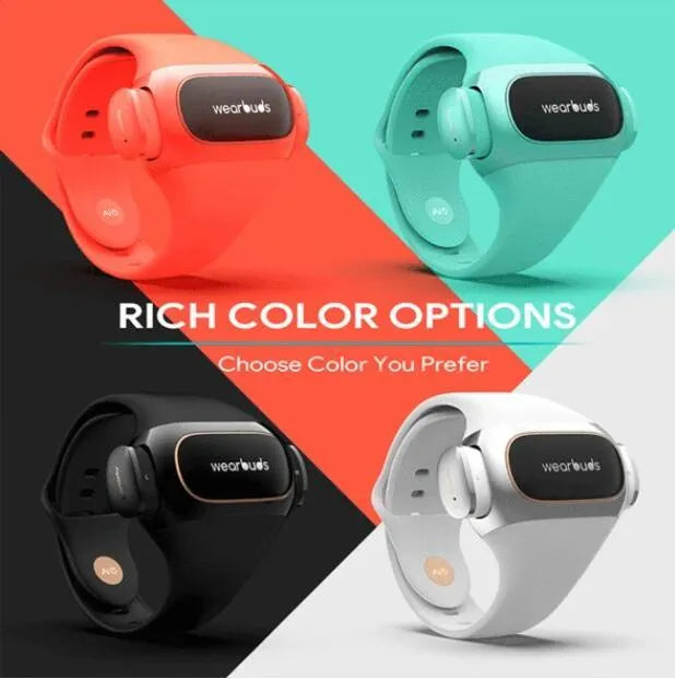 2 in 1 wireless earphone bracelet in black with silicone band and earbuds on wrist