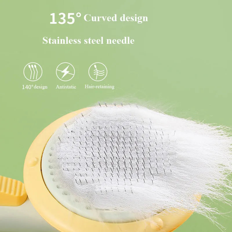 Self-cleaning pet cat brush with 232 steel needles in white or pumpkin colour, hand-held grooming tool