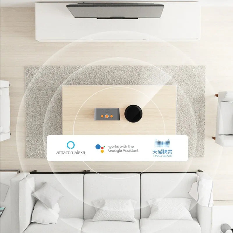 Black compact WiFi infrared universal remote control on a table, 67x67x19.5 mm, with 360° multi-directional IR