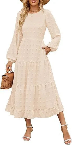 Autumn long sleeve dress with high waist and ruffle sleeves in solid colour options