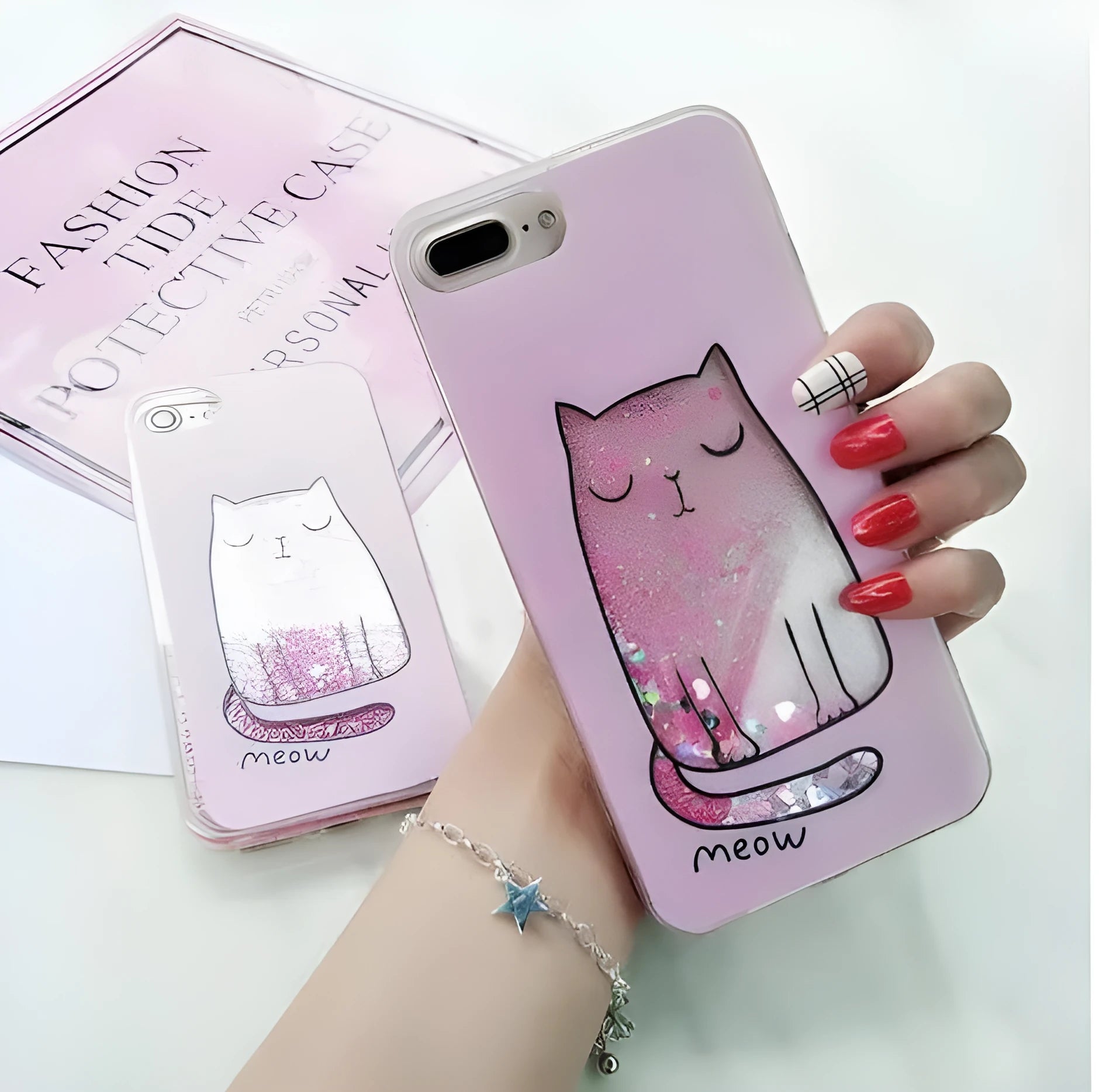 Glittery cat design phone case for iPhone models 6, 7, 8, and X.
