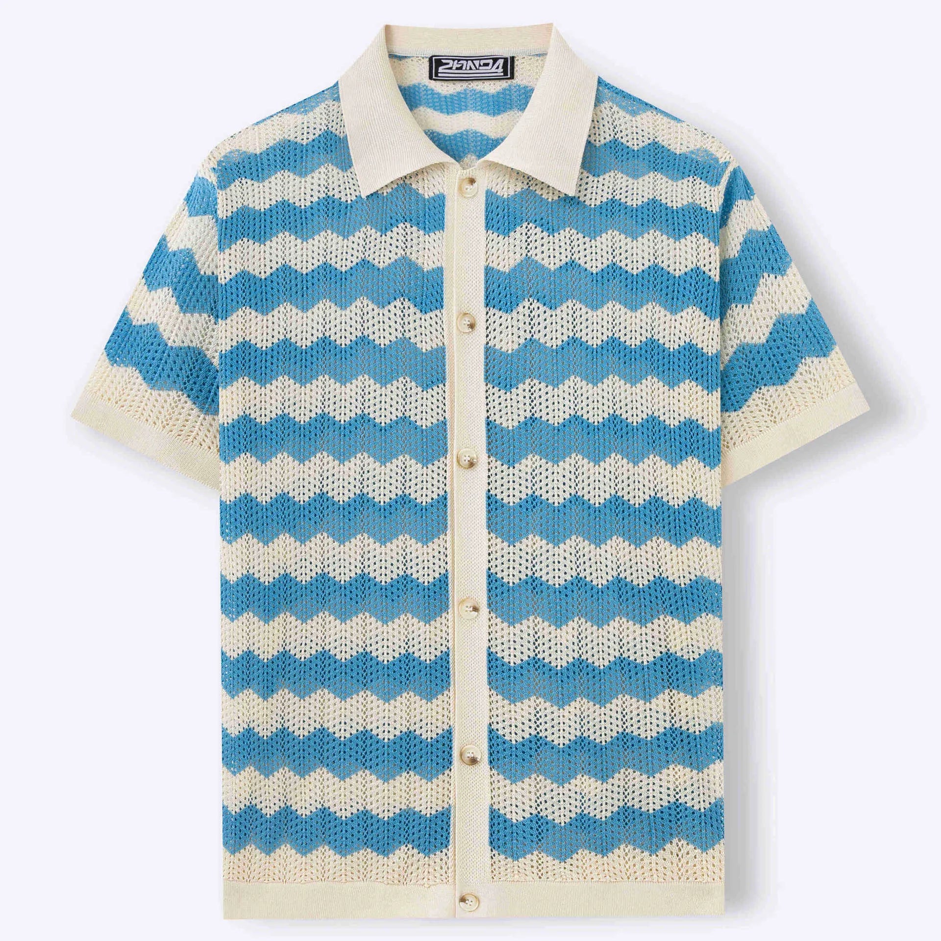 Blue hollow jacquard corrugated short sleeve sweater with flocked detail on a hanger.