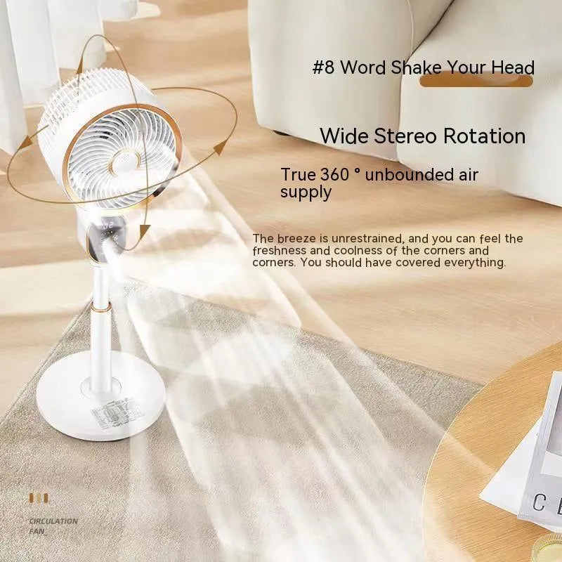 White air circulator fan with lifting column and remote control on a dormitory desk