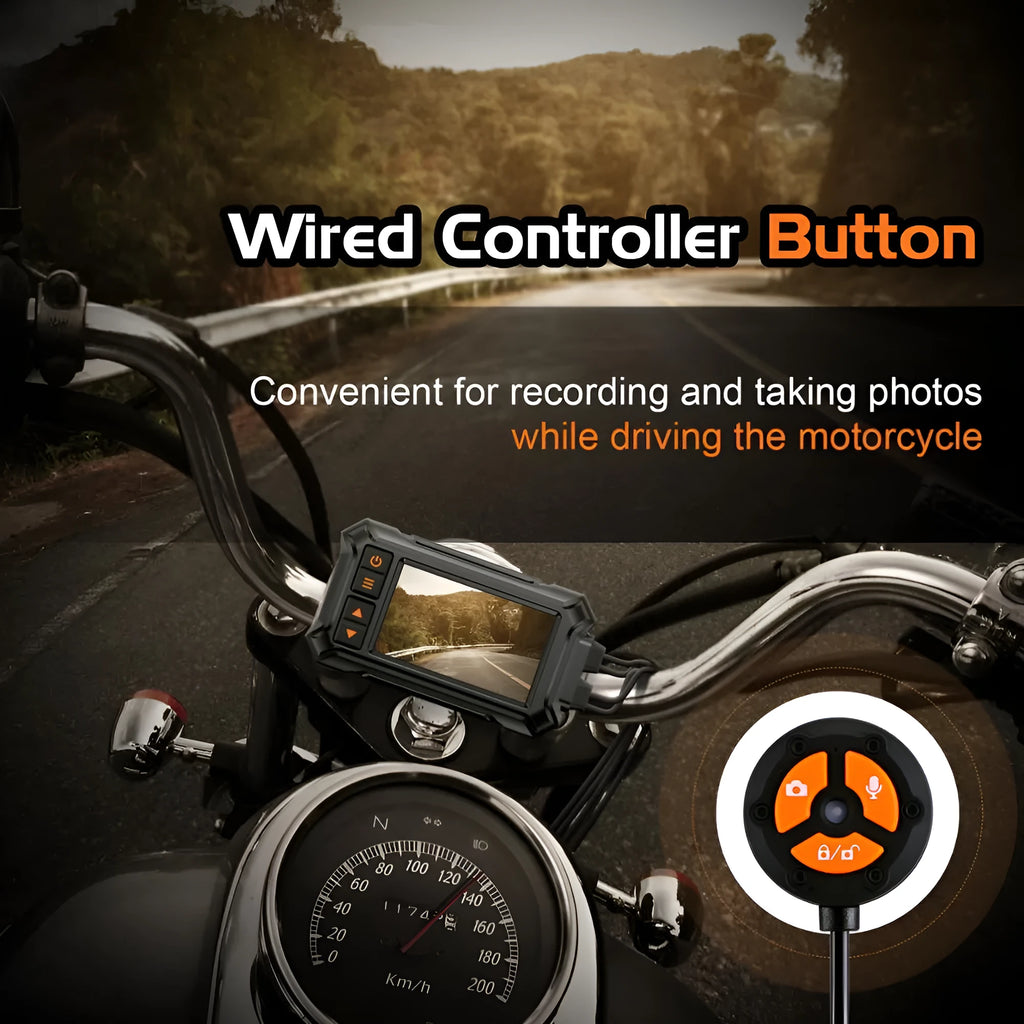 Motorcycle tachograph dash cam with dual lenses, 3-inch screen, GPS module, and mounting accessories on a black background.