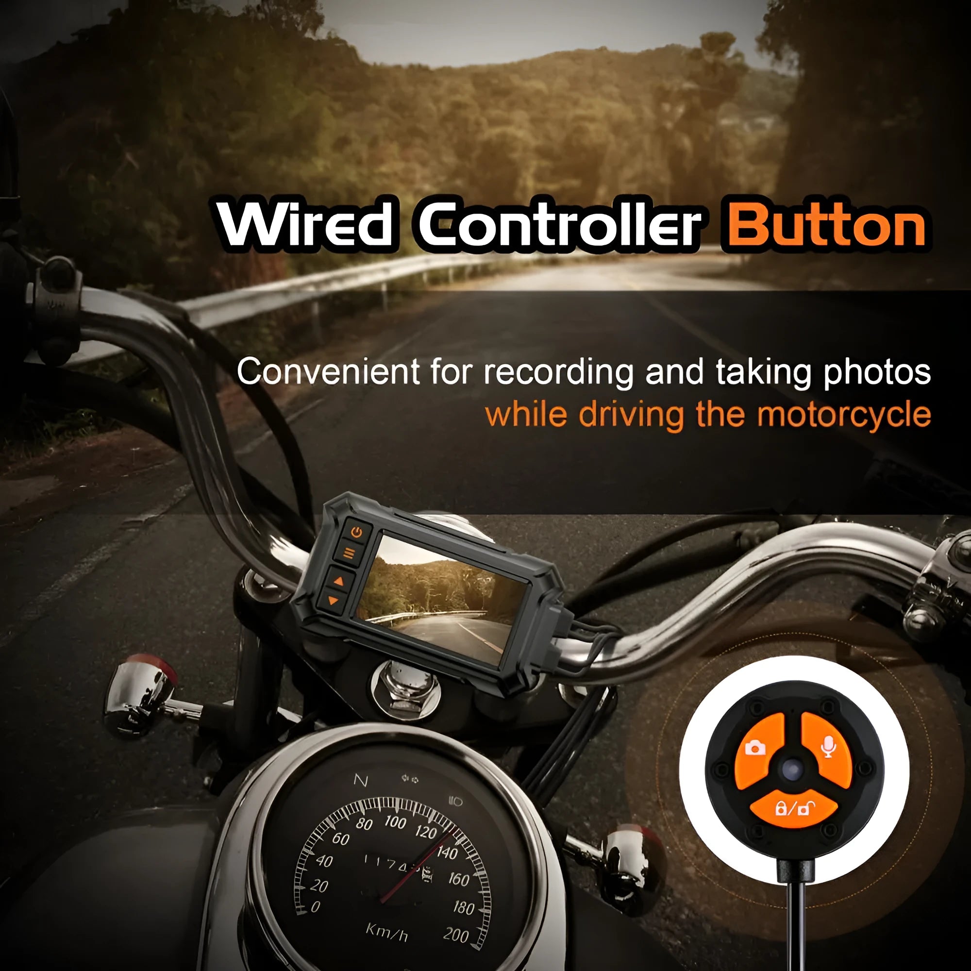 Motorcycle tachograph dash cam with dual lenses, 3-inch screen, GPS module, and mounting accessories on a black background.