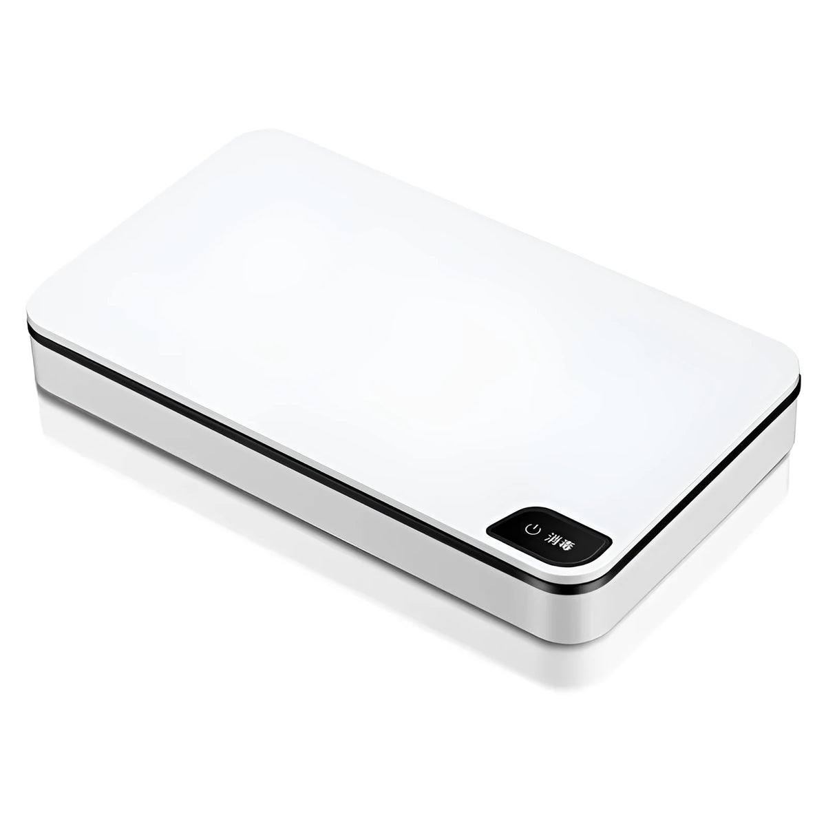 White multifunctional wireless charger with UV sterilisation and remote control on table