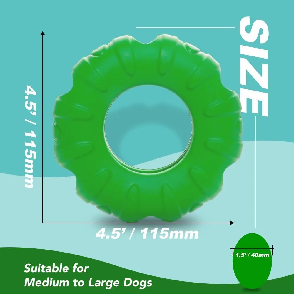 Blue natural rubber tyre-shaped dog chew toy with oval openings for treat dispensing