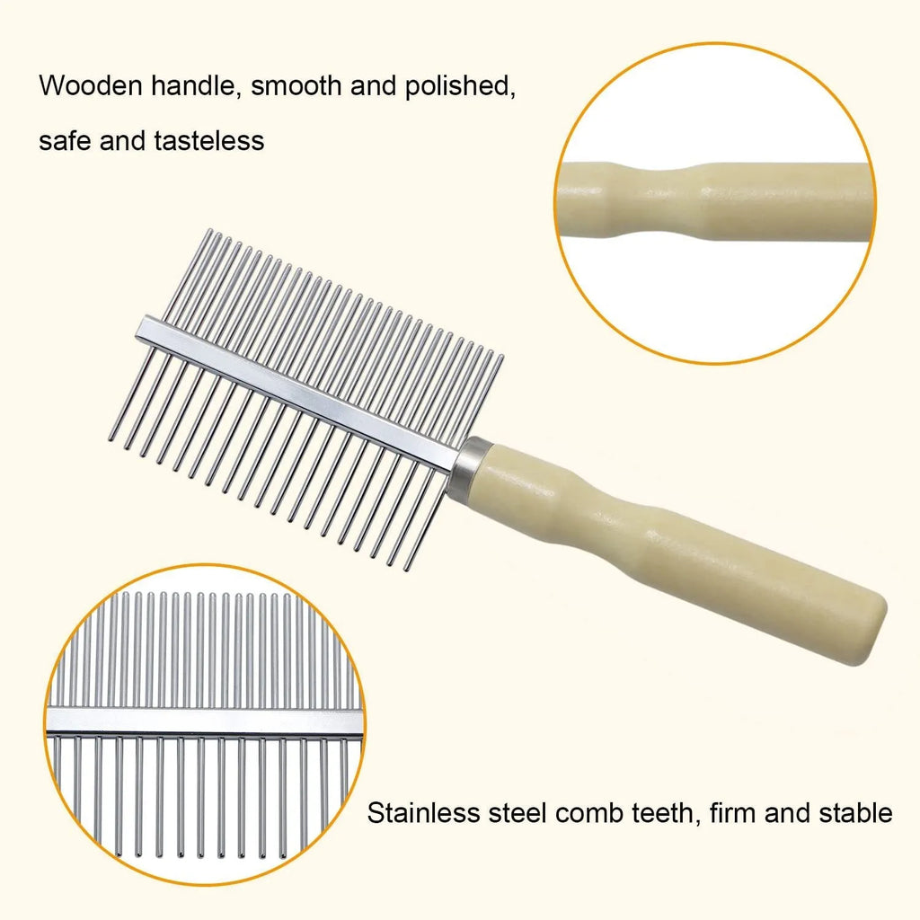 Wooden handle pet grooming comb for dogs and cats with rounded comb needles