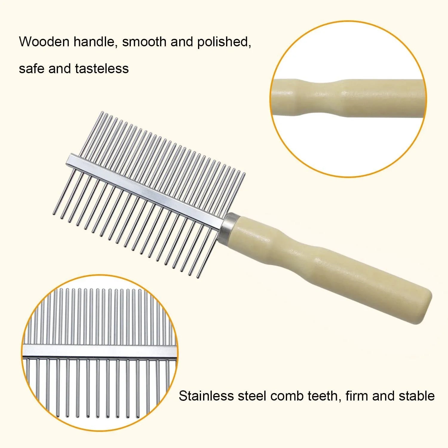 Wooden handle pet grooming comb for dogs and cats with rounded comb needles