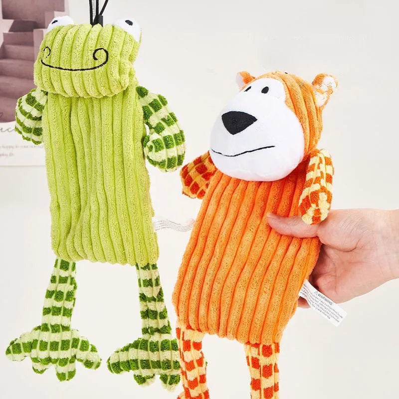 Green and orange plush squeaker dog toy for aggressive chewers with double-layer cotton shell