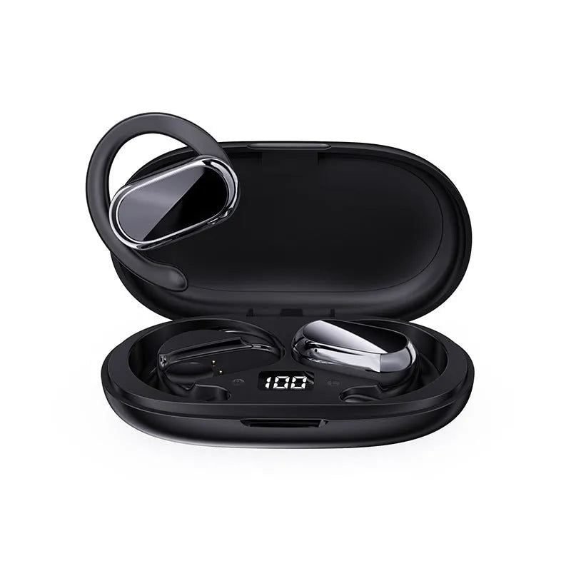 Dual ear-mounted Bluetooth headset with noise reduction and bone conduction, white colour, showing digital display screen and ear hook design