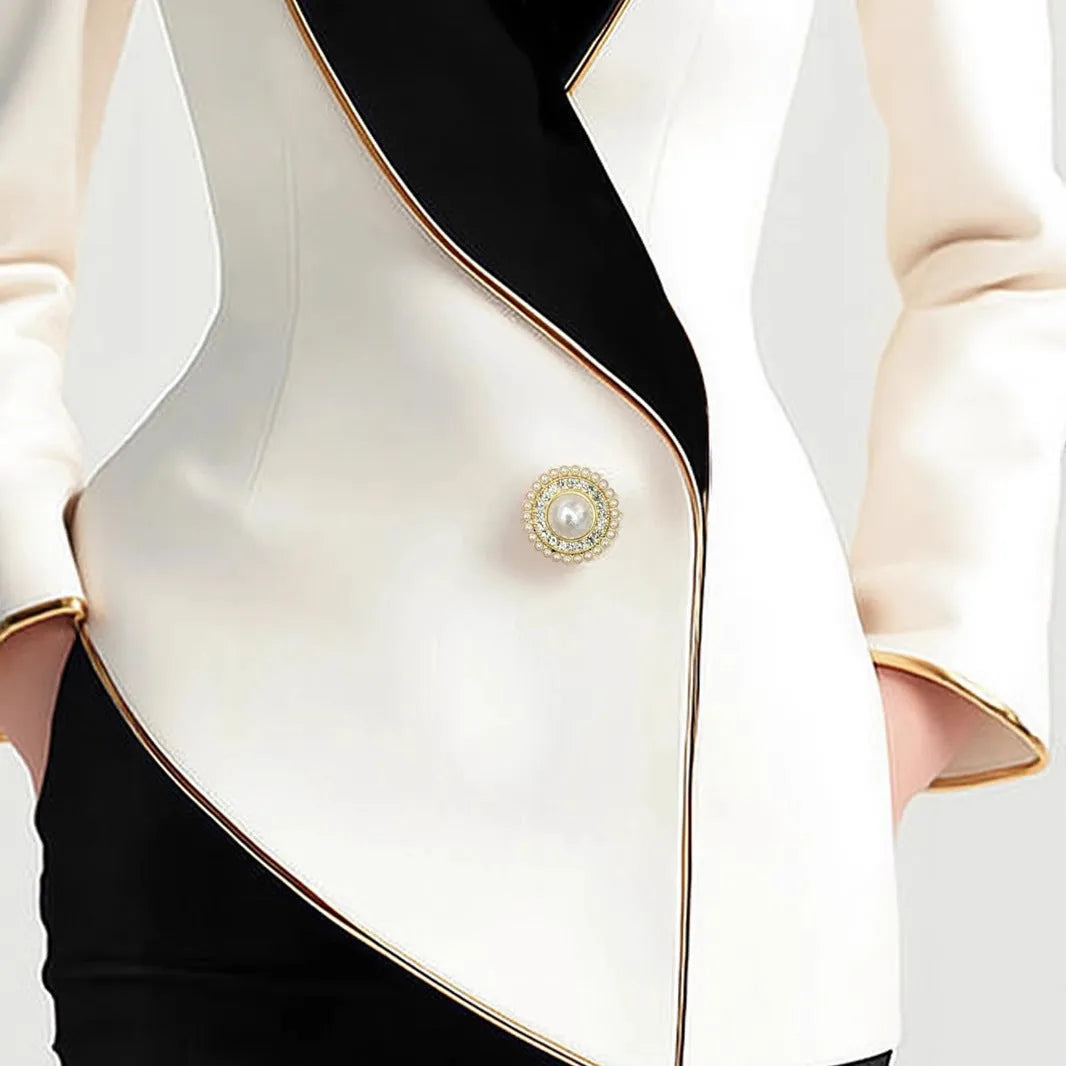 Women's milky white beige TR polyester coat with golden edge pearl buttons and long sleeves
