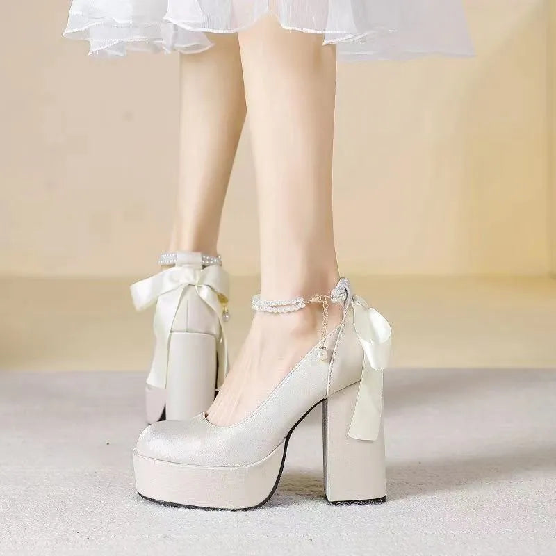 Women's wine red platform wedding shoes with chunky heel and decorative buckle detail