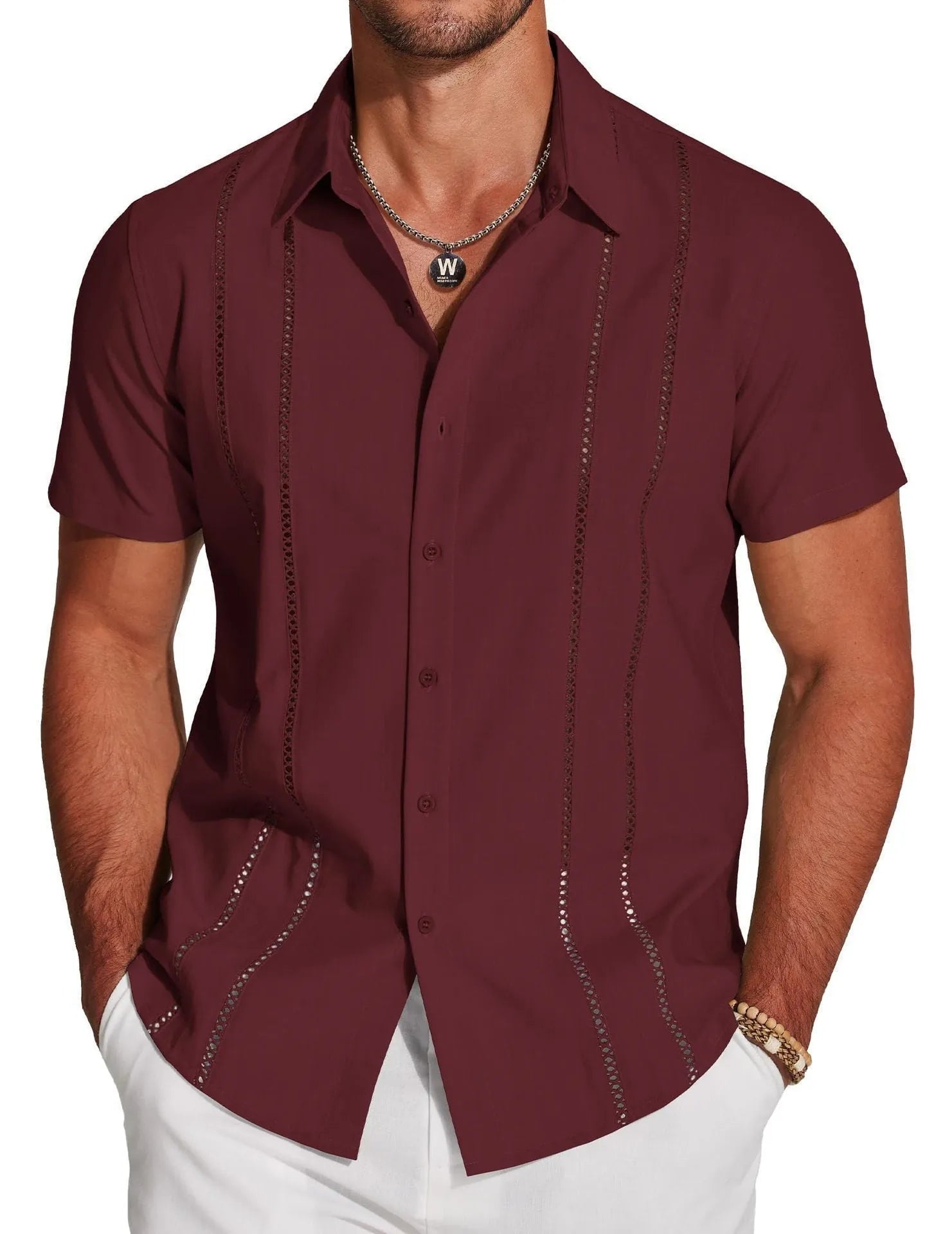 Men's slim fit Hawaiian short sleeve shirt with digital print pattern and elastic band detail.