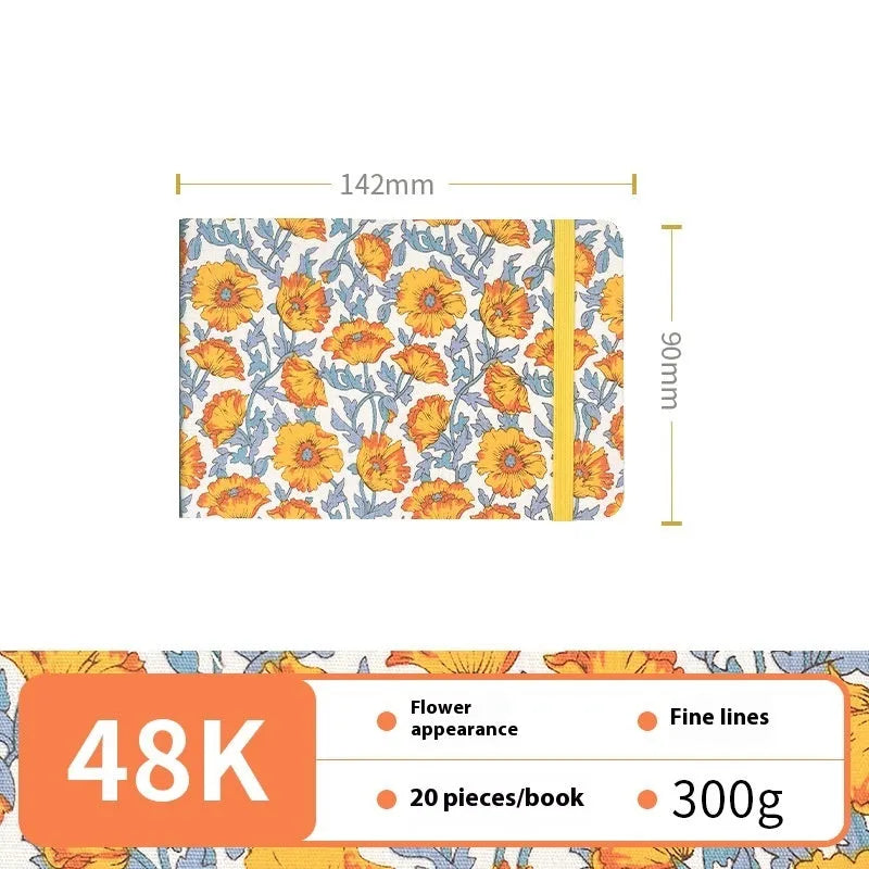 Feiluniao handmade fabric watercolour notebook with illustrated cover, open to show blank paper pages.