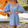 Children pullover square collar puff sleeve backless A-line dress in solid colour, artistic retro style